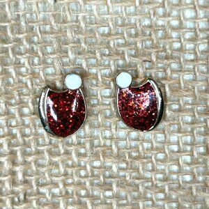 Red Glitter Resin Stud Earrings with White Dot Accent